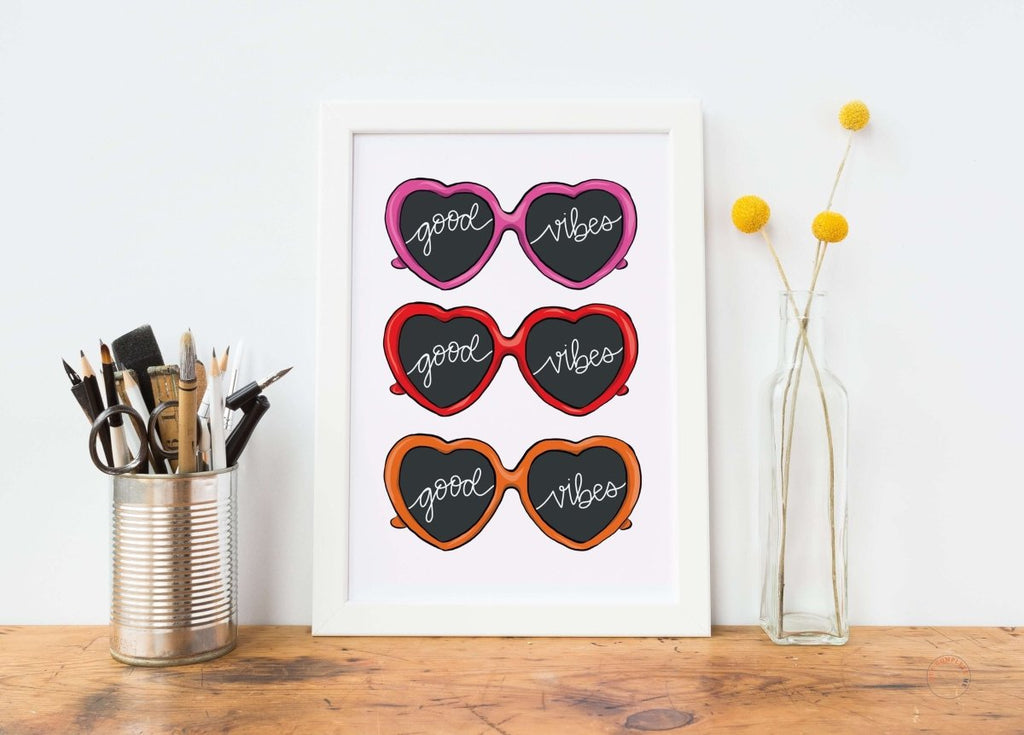 Good Vibes Heart Sunglasses Art Print - Hue Complete Me