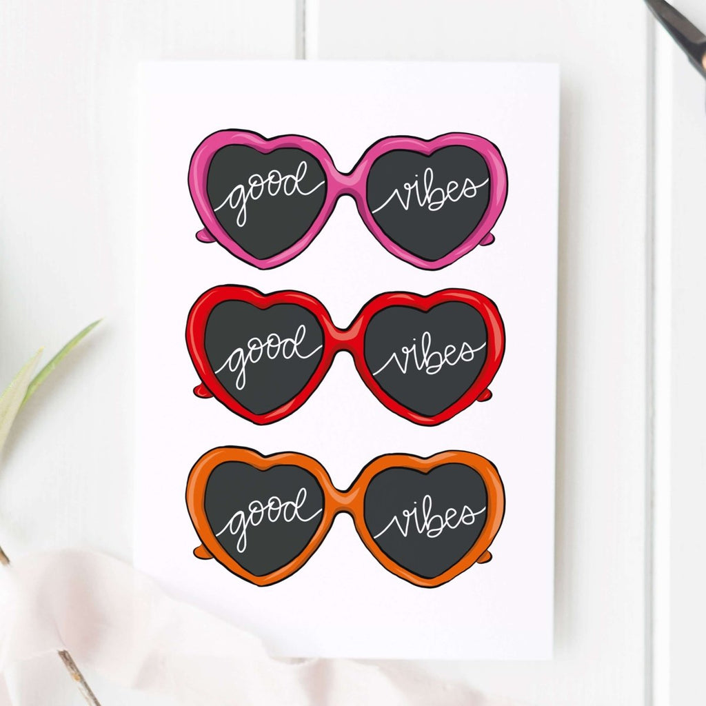 Good Vibes Heart Sunglasses Illustrated Card - Hue Complete Me
