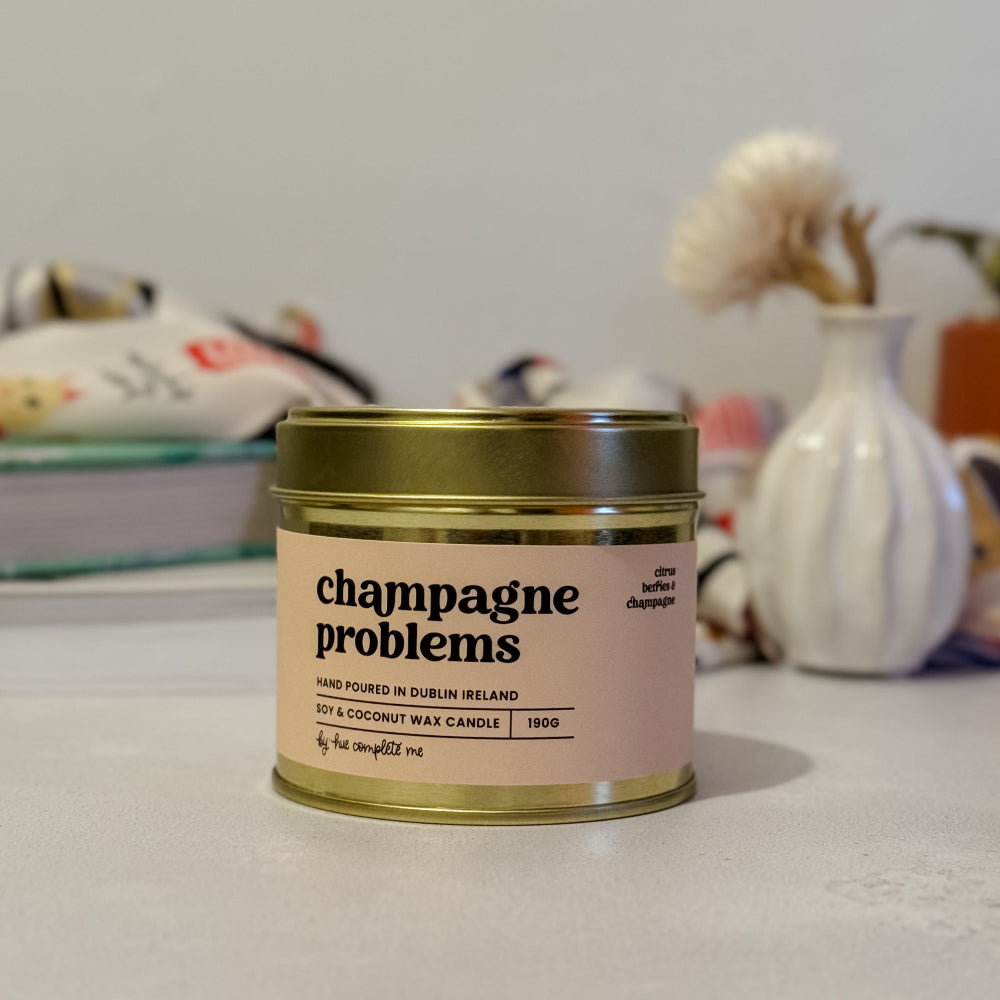 Swiftie candle in gold tin – Champagne Problems scent with citrus and bubbly notes, hand-poured in Ireland with long-lasting burn