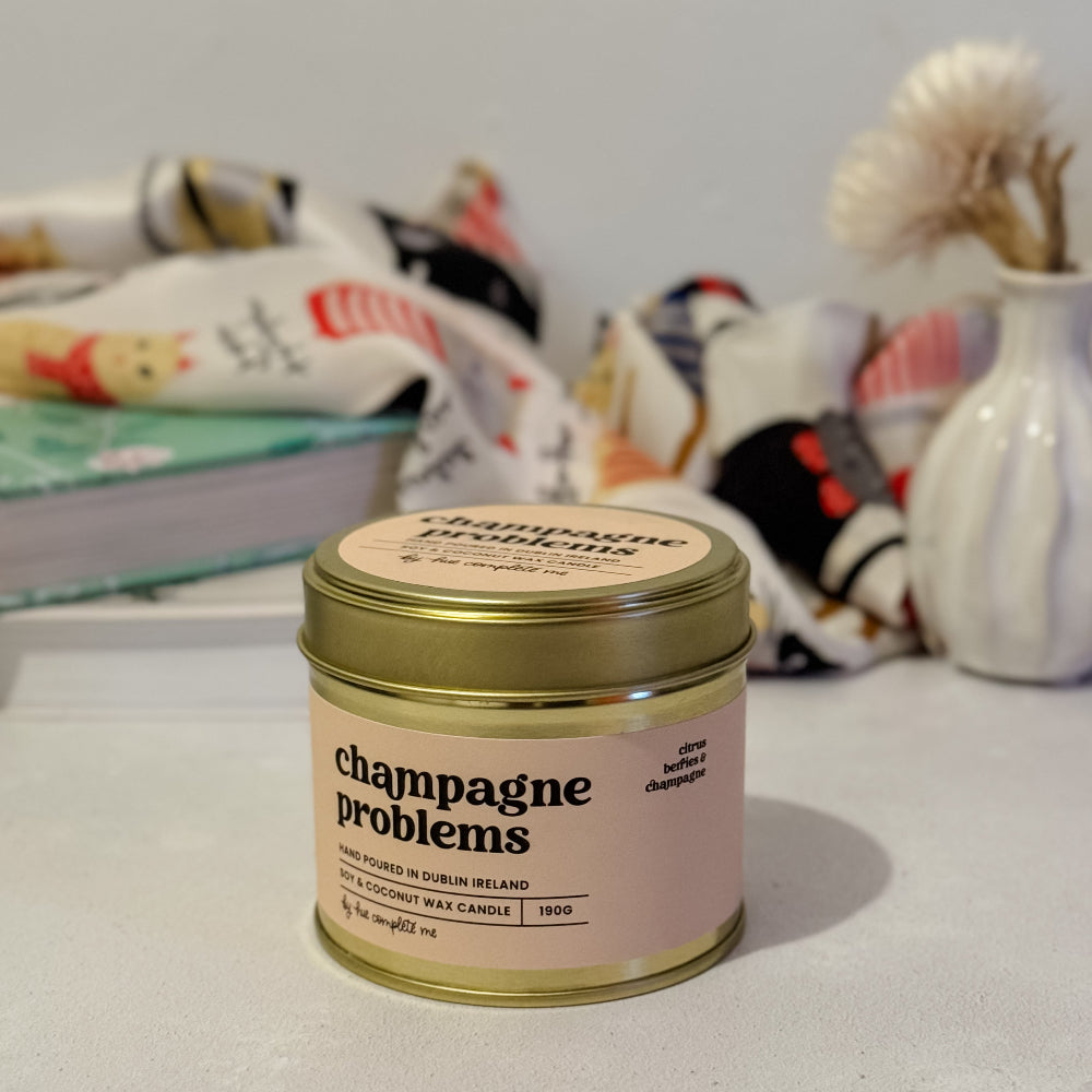 Limited edition Champagne Problems candle in elegant gold tin – fruity champagne fragrance, made in Ireland, ideal Swiftie gift