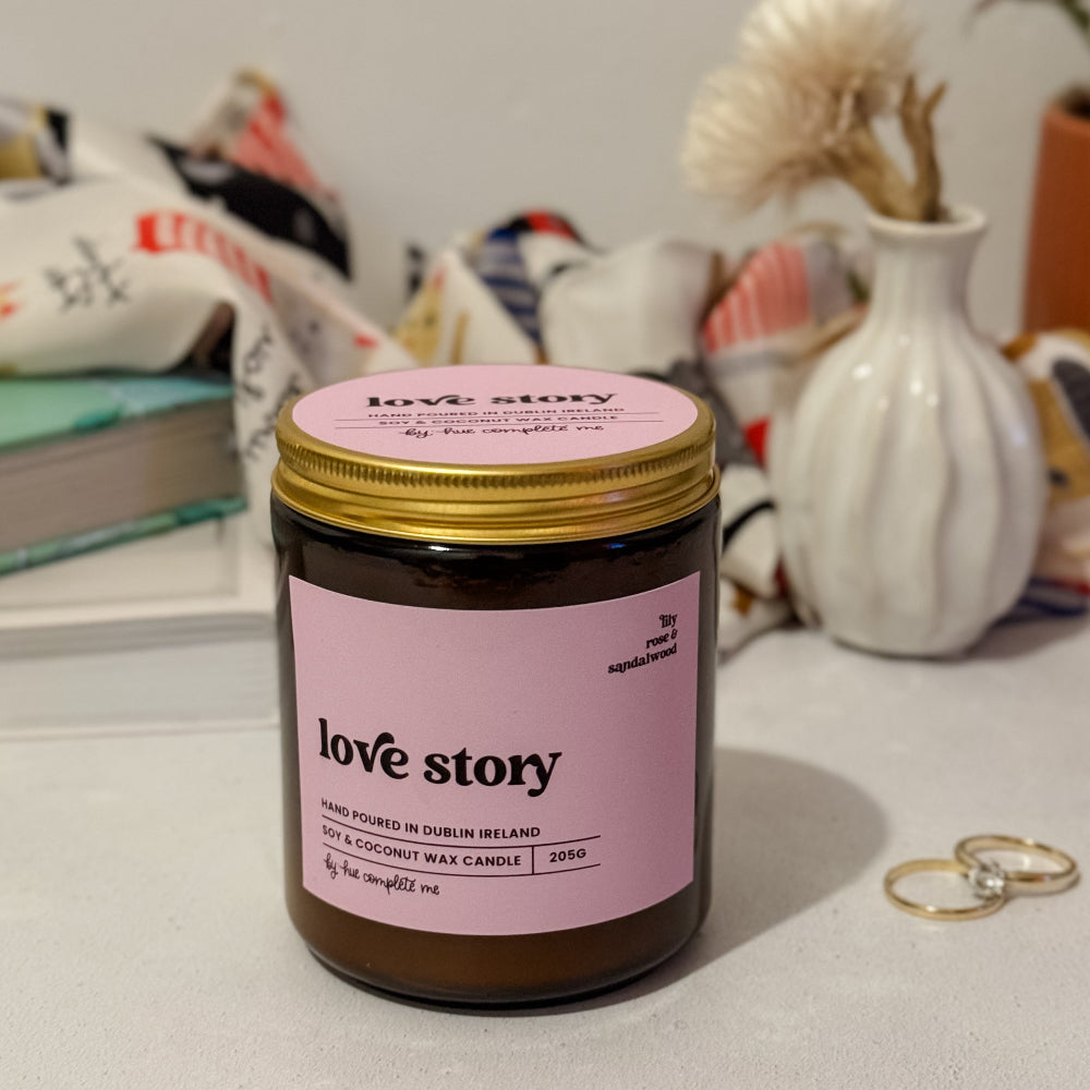Our Love Story amber jar candle made in Dublin, Ireland – floral scent, 45+ hour burn, perfect for Taylor Swift fans