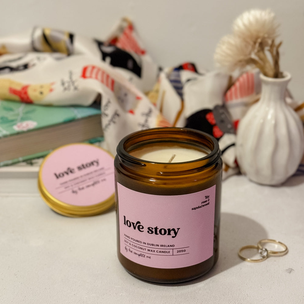 Romantic Our Love Story candle in amber jar, made in Dublin with 45+ hour burn – a dreamy gift for Taylor Swift lovers