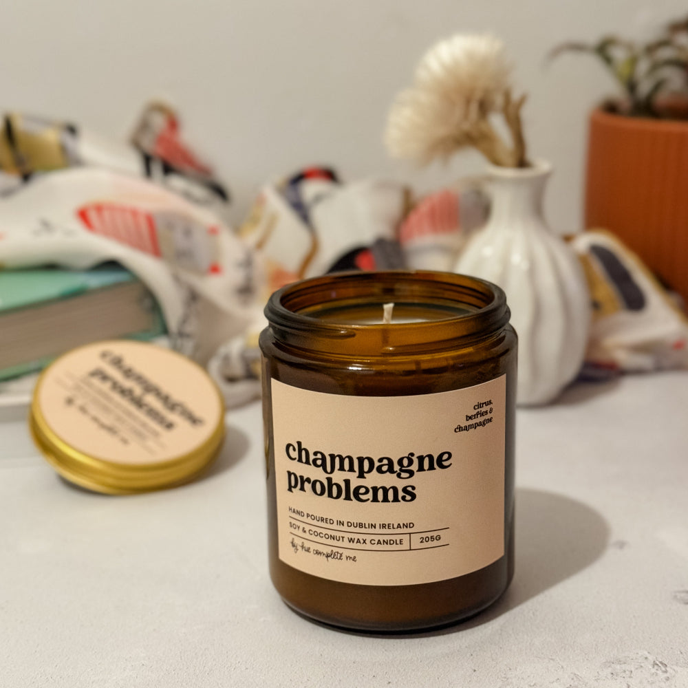 Champagne Problems amber jar candle with orange, mimosa, and champagne scent – 45+ hour burn, made in Ireland, perfect for Swifties