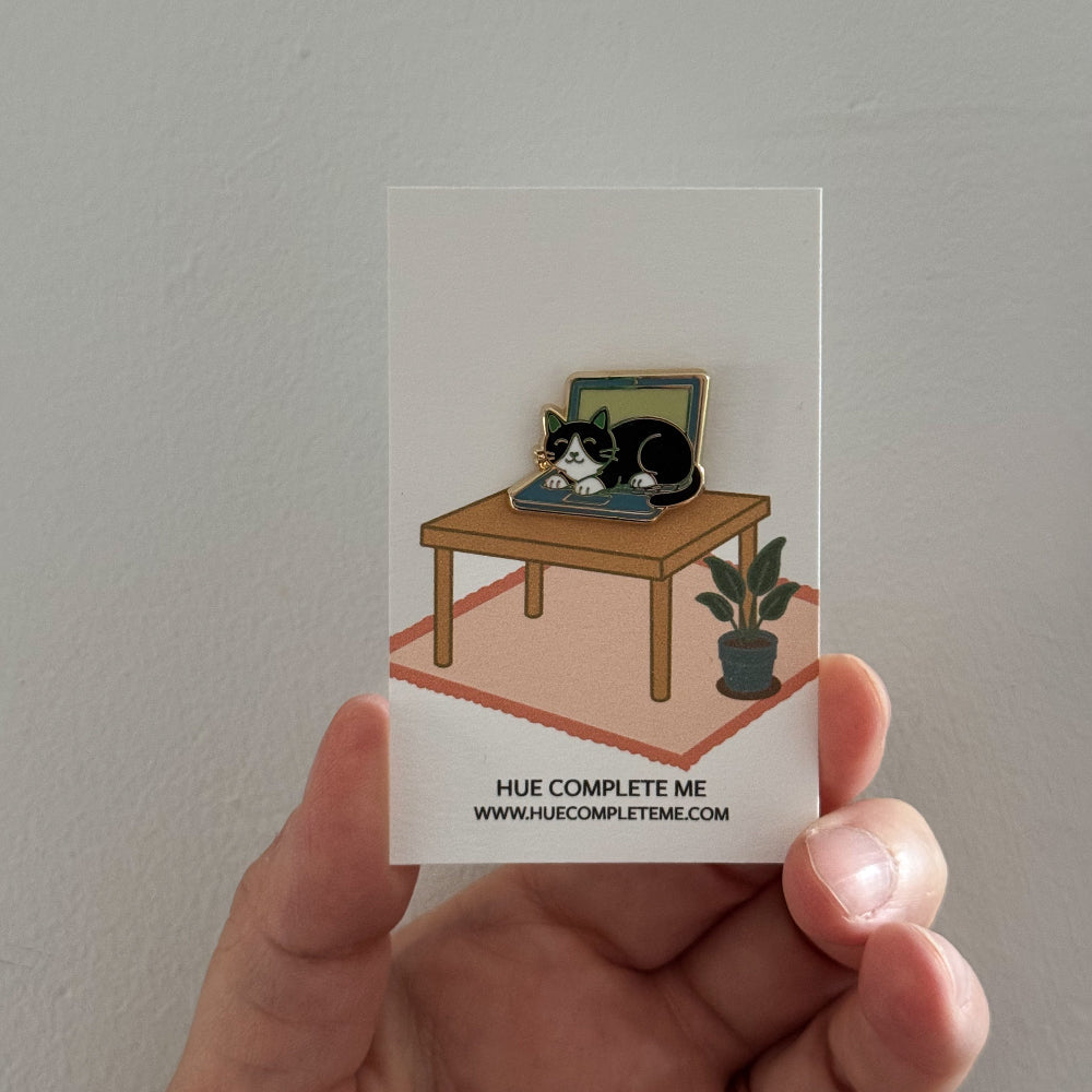 cat on laptop enamel pin and card back 