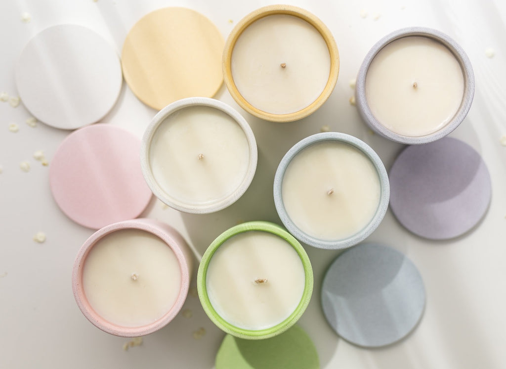 overhead view of the jesmonite jar candle range 