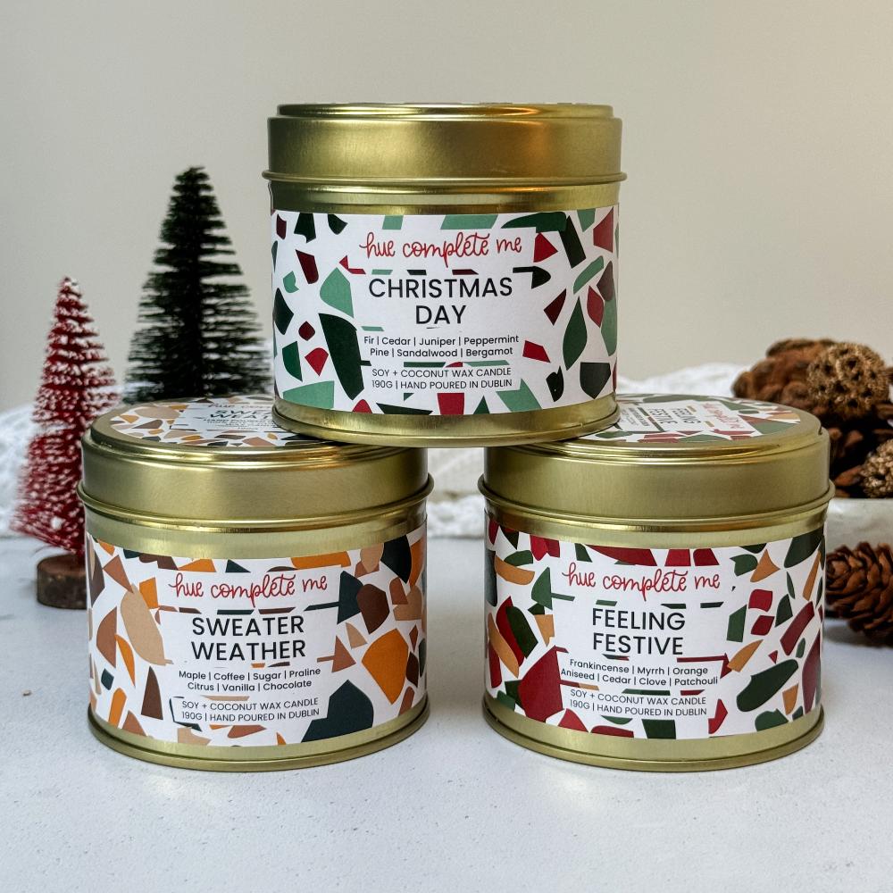 our christmas candle collection hand poured soy wax candles made in Dublin
