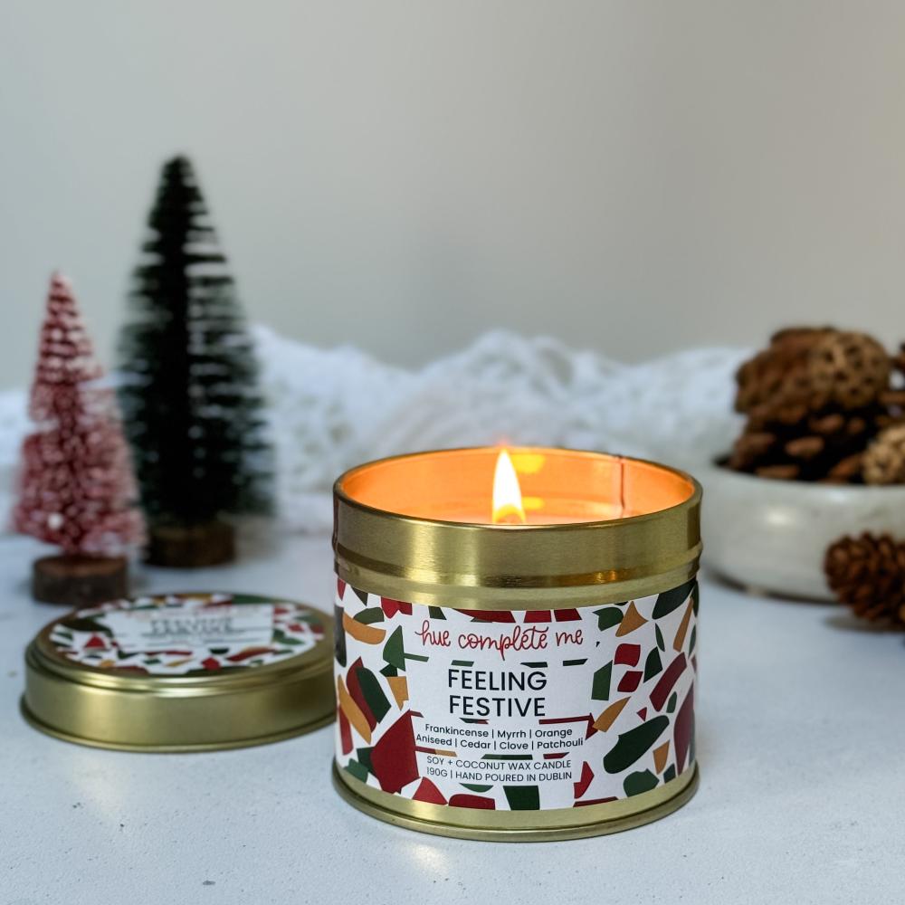 feeling festive candle tin hand poured in Dublin Ireland