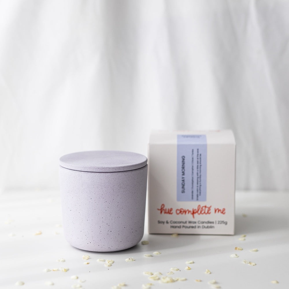 Sunday morning lavender and eucalyptus scented candle in a handmade purple jesmonite jar