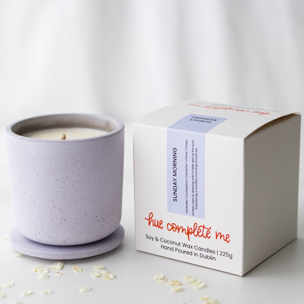 Sunday Morning lavender scented candle in a purple jesmonite handmade jar