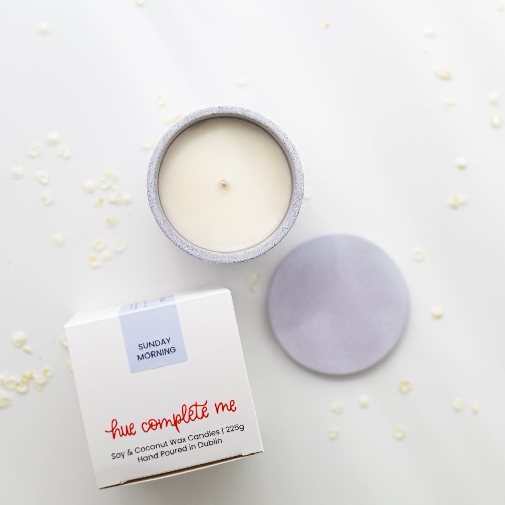 overhead view of the purple Sunday morning scented candle